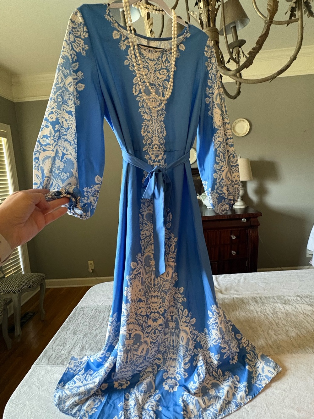 Blue Floral Midi/Maxi Dress with Tie Empire Waist - Picture 5 of 11